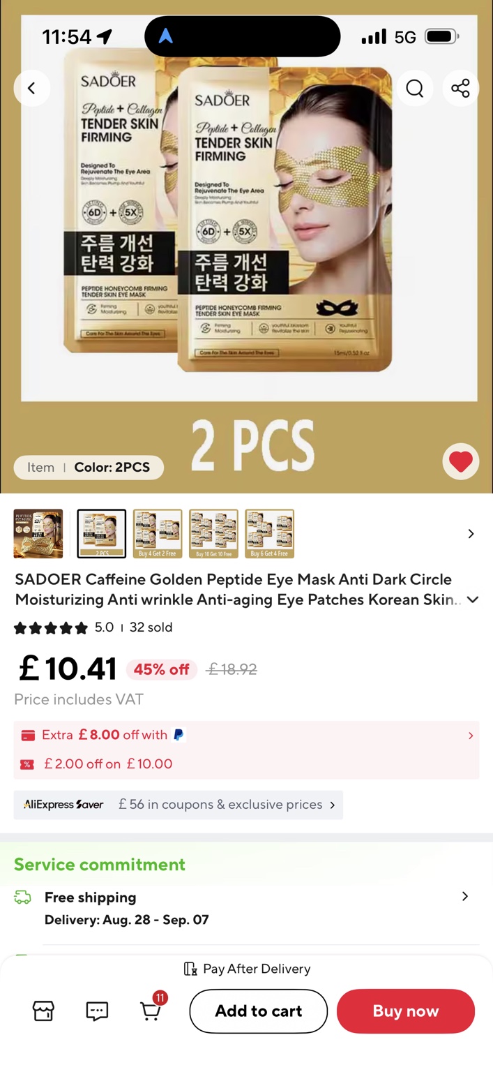 Two individually packed golden eye-area masks